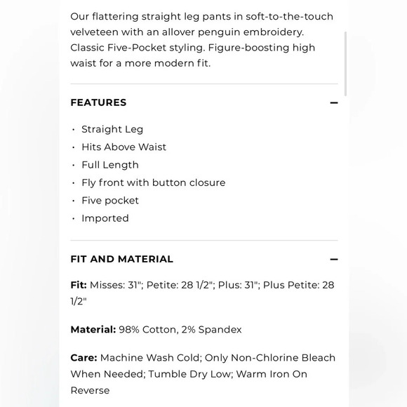 Talbots VELVETEEN STRAIGHT LEG PANTS - EMBROIDERED PENGUINS Plus Size 16 - Picture 4 of 10